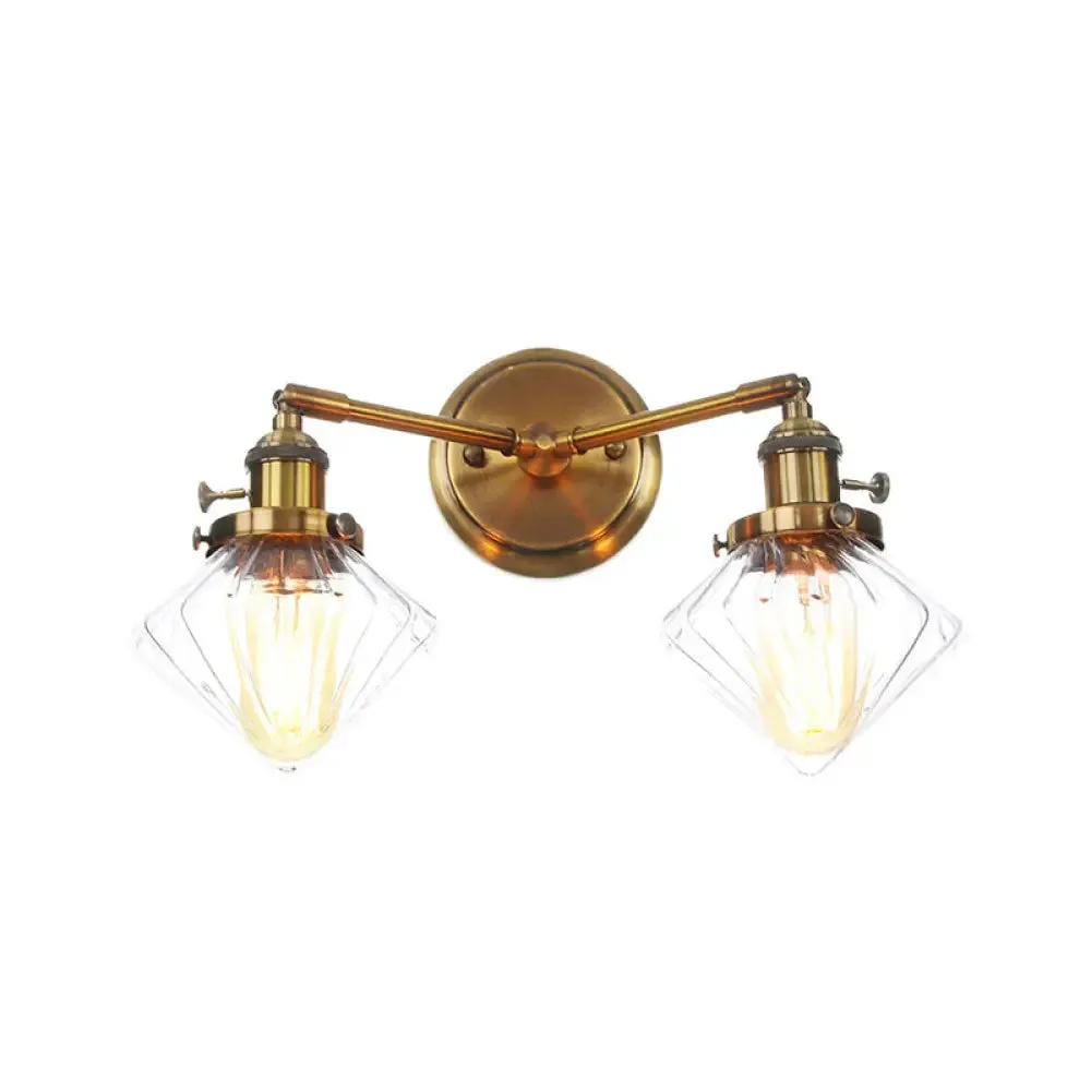 Antiqued Brass Wall Mounted Lamp with Conical/Spherical Shades and Adjustable Arms - 2-Light Fixture for Warehouse or Industrial Spaces