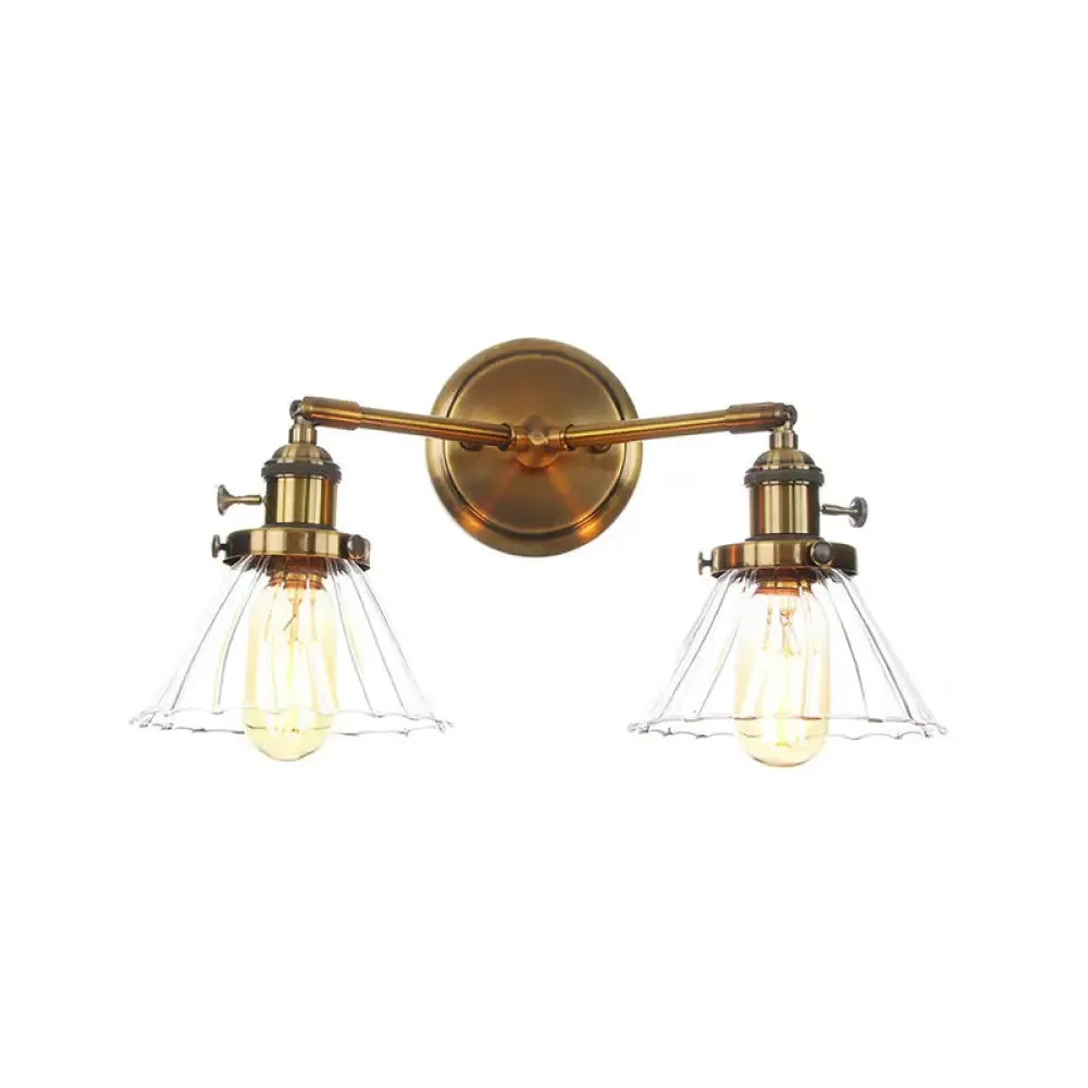 Antiqued Brass Wall Mounted Lamp with Conical/Spherical Shades and Adjustable Arms - 2-Light Fixture for Warehouse or Industrial Spaces