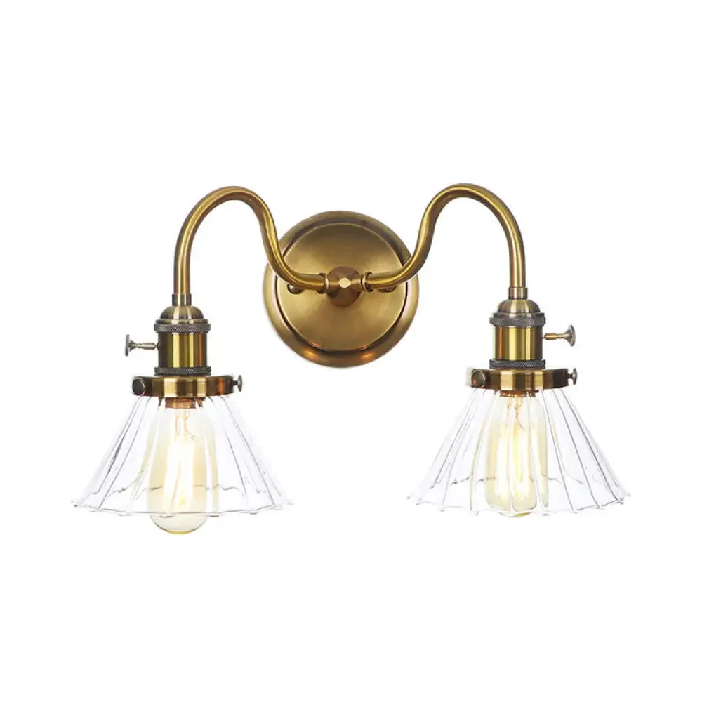 Antiqued Brass Wall Mounted Lamp with Conical/Spherical Shades and Adjustable Arms - 2-Light Fixture for Warehouse or Industrial Spaces