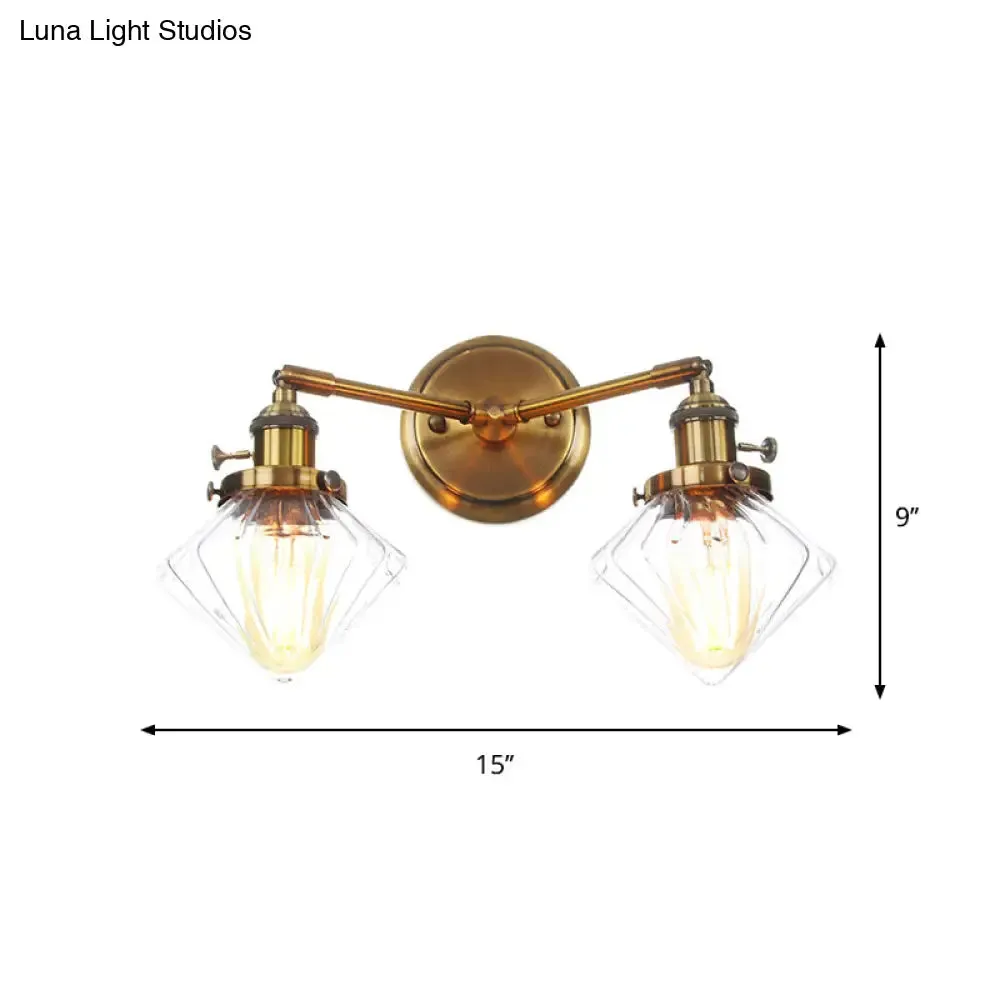 Antiqued Brass Wall Mounted Lamp with Conical/Spherical Shades and Adjustable Arms - 2-Light Fixture for Warehouse or Industrial Spaces