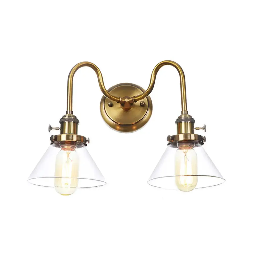 Antiqued Brass Wall Mounted Lamp with Conical/Spherical Shades and Adjustable Arms - 2-Light Fixture for Warehouse or Industrial Spaces