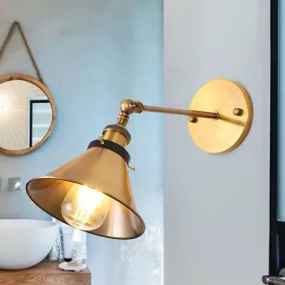 Antiqued Gold Wall Sconce with Adjustable Joint - Vintage Iron Conic/Barn Shade - 1 Bulb Light Fixture