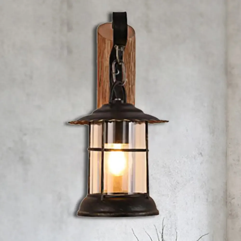 Antiqued Kerosene Wall Sconce with Clear Glass and Wood Leaf/Key Backplate for Dining Room Lighting