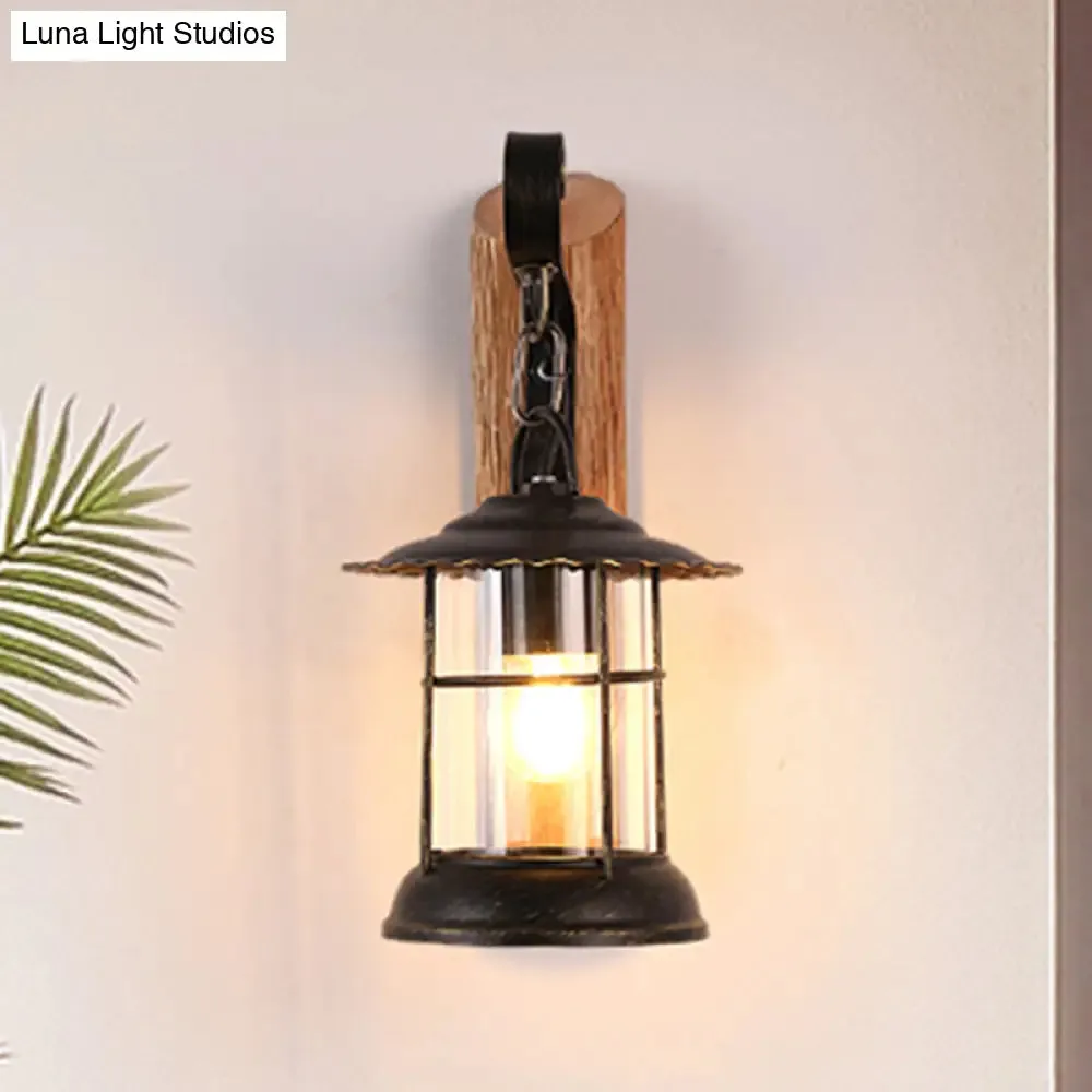 Antiqued Kerosene Wall Sconce with Clear Glass and Wood Leaf/Key Backplate for Dining Room Lighting