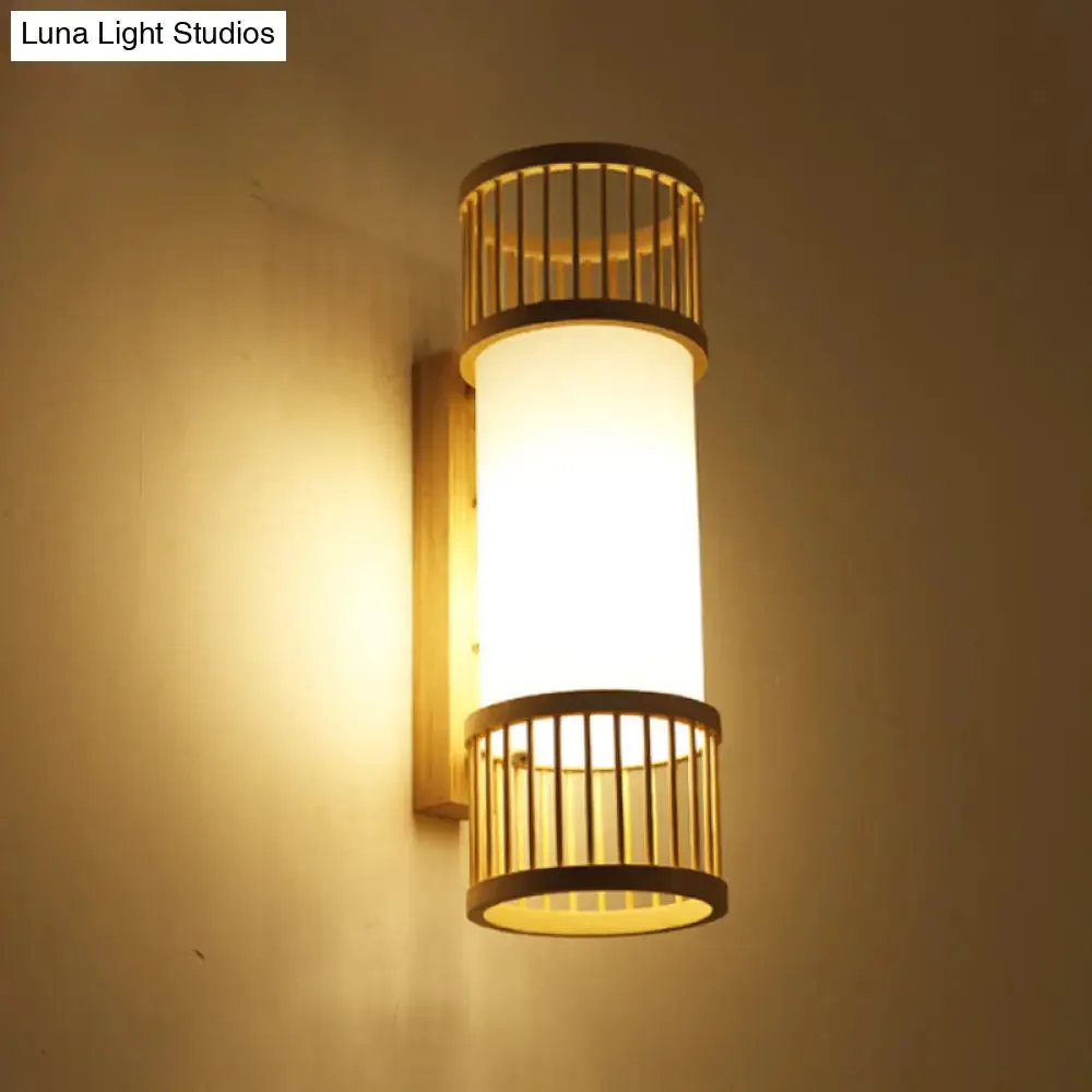 Asian Bamboo Cylinder Shade Wall Sconce Light in Beige - Stylish 1-Head Wall Lamp for Stairway