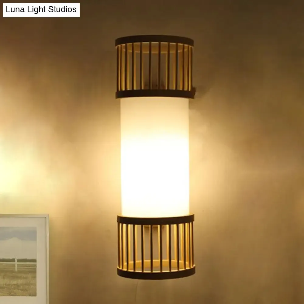 Asian Bamboo Cylinder Shade Wall Sconce Light in Beige - Stylish 1-Head Wall Lamp for Stairway