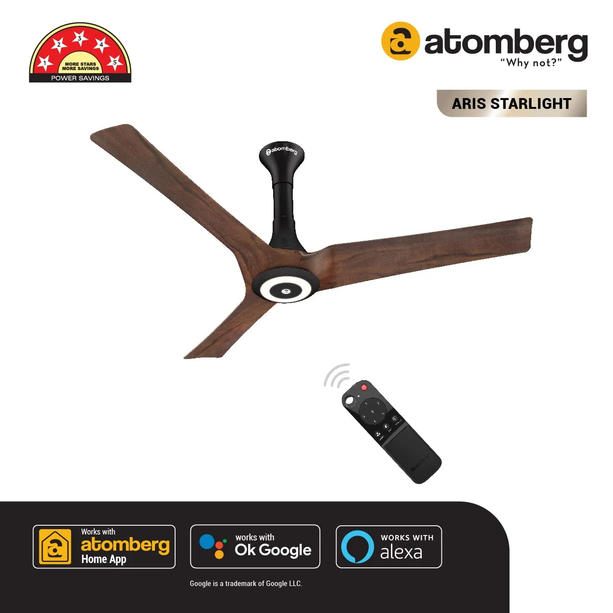 atomberg Aris Starlight 1200mm Ceiling Fans with Underlight, IoT and Remote Control | Smart Fan with Noiseless Operation | BLDC Motor 5 Star Rated Ceiling Fan | 2 1 Year Warranty (Dark Teakwood)