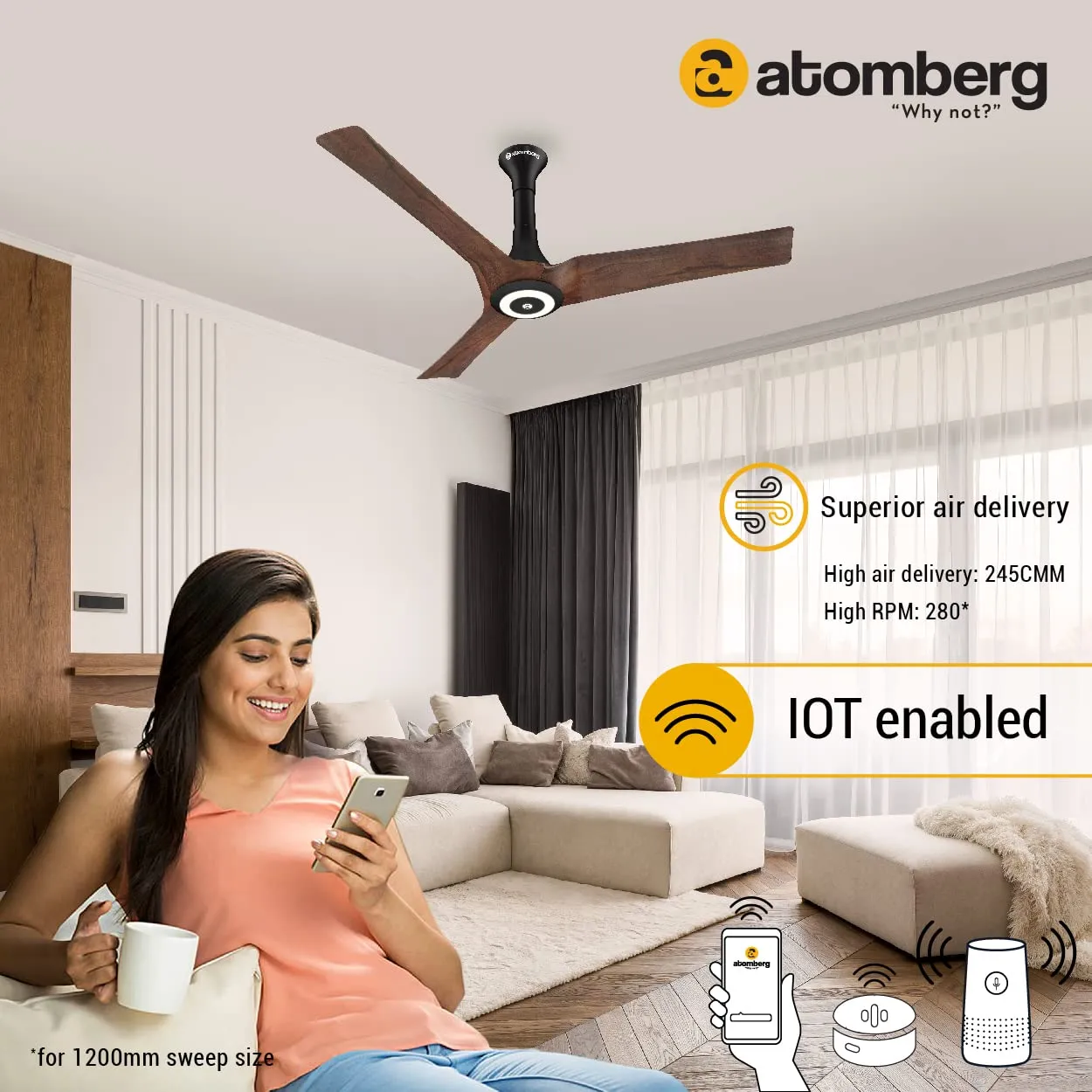 atomberg Aris Starlight 1200mm Ceiling Fans with Underlight, IoT and Remote Control | Smart Fan with Noiseless Operation | BLDC Motor 5 Star Rated Ceiling Fan | 2 1 Year Warranty (Dark Teakwood)