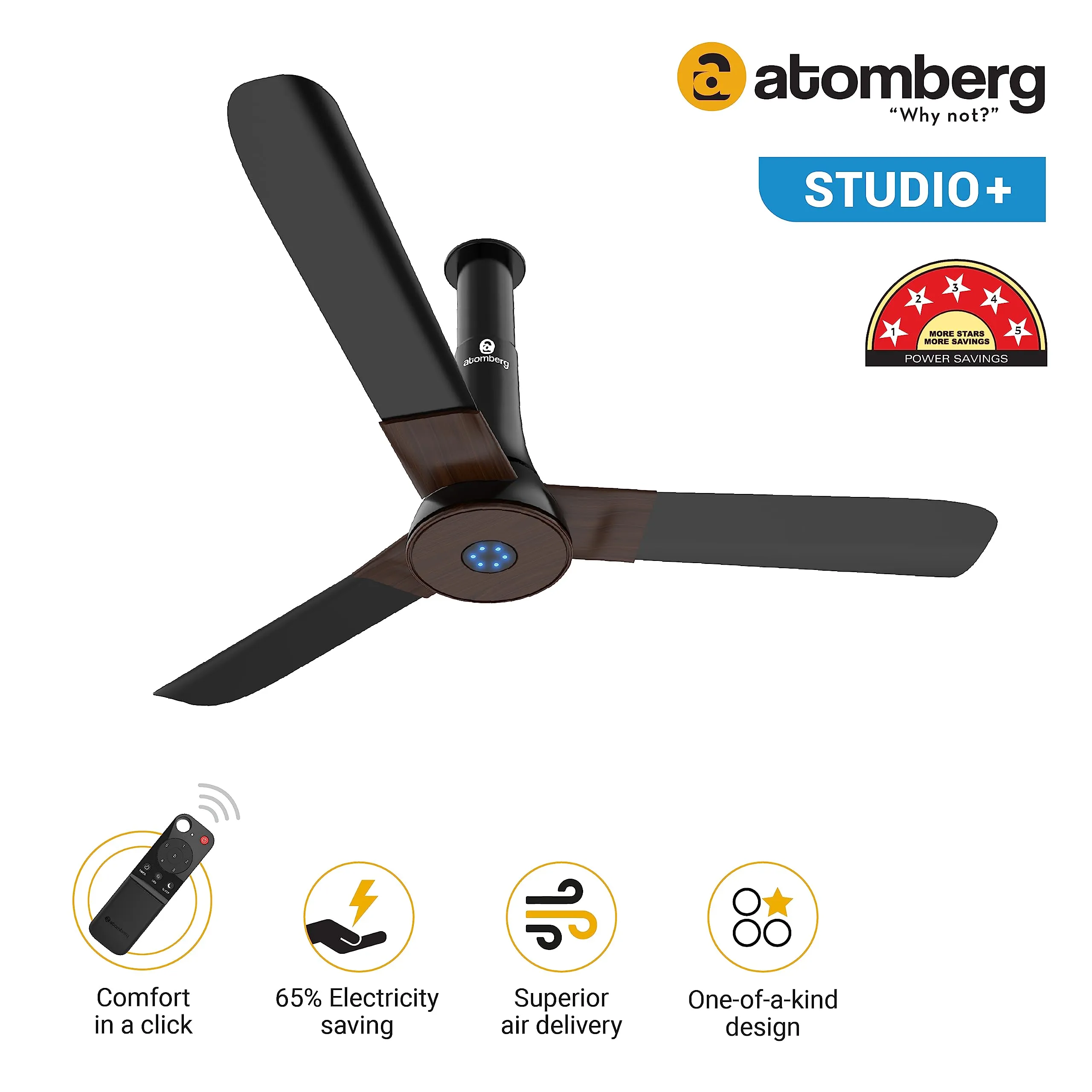 atomberg Studio  1200mm BLDC Motor 5 Star Rated Ceiling Fans for Home with Remote Control | Upto 65% Energy Saving High Speed Fan with LED Lights | 2 1 Year Warranty (Earth Brown)