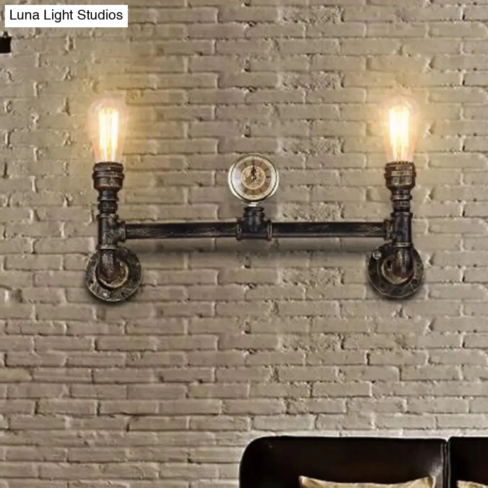 Bare Bulb 2-Head Wall Mount Sconce with Antiqued Iron Bronze Finish and Gauge Deco Lighting