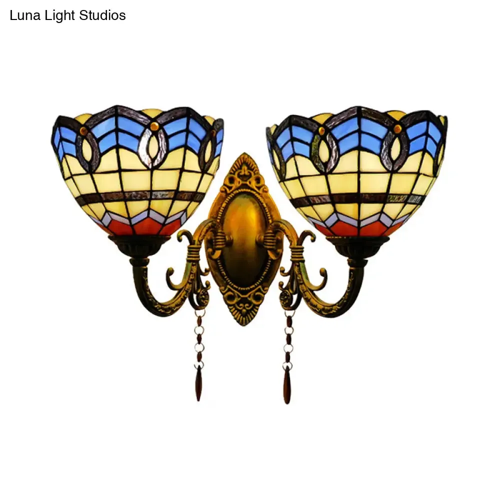 Baroque Bowl Wall Sconce Light Fixture: Stained Glass, 2 Lights, for Living Room