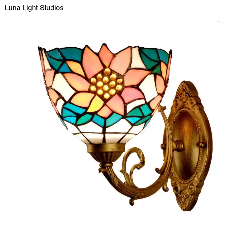 Baroque Flower Cut Glass Vanity Wall Light - 1 Light Pink/Green Sconce for Bathroom