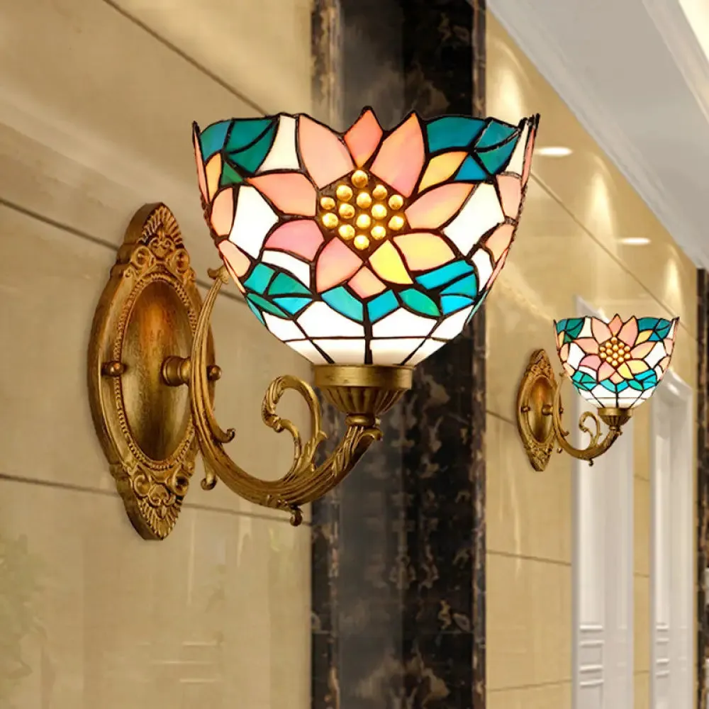 Baroque Flower Cut Glass Vanity Wall Light - 1 Light Pink/Green Sconce for Bathroom