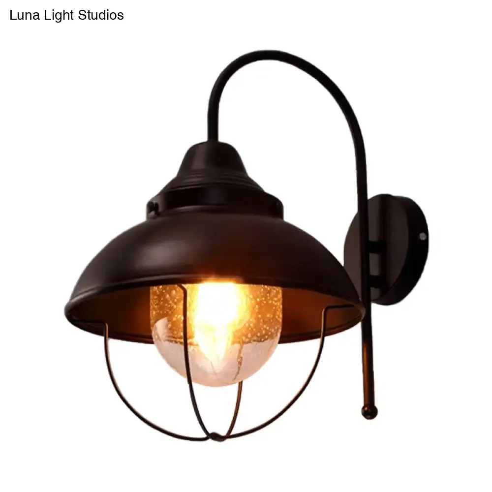 Black Farmhouse Dome Wall Light Fixture with Cage - Seeded Glass Shade, 1 Light Metal Sconce