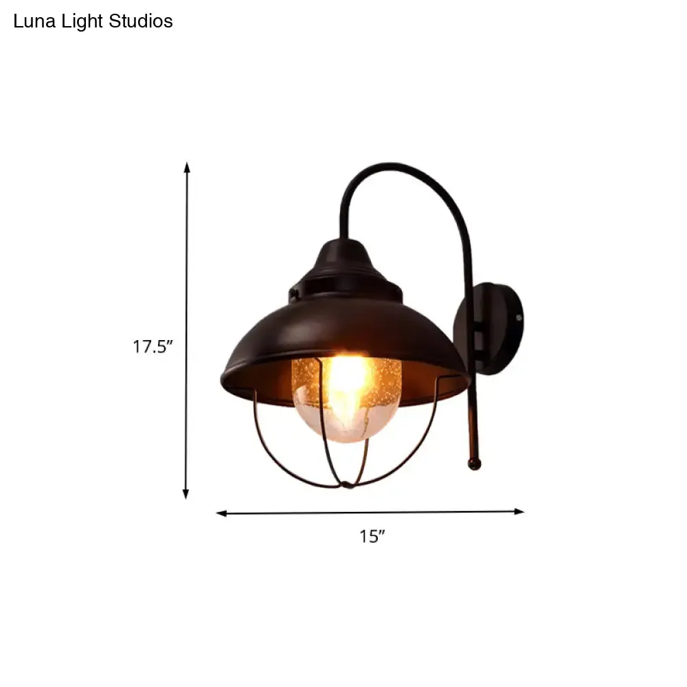 Black Farmhouse Dome Wall Light Fixture with Cage - Seeded Glass Shade, 1 Light Metal Sconce