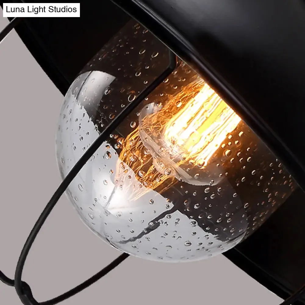 Black Farmhouse Dome Wall Light Fixture with Cage - Seeded Glass Shade, 1 Light Metal Sconce