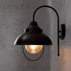 Black Farmhouse Dome Wall Light Fixture with Cage - Seeded Glass Shade, 1 Light Metal Sconce