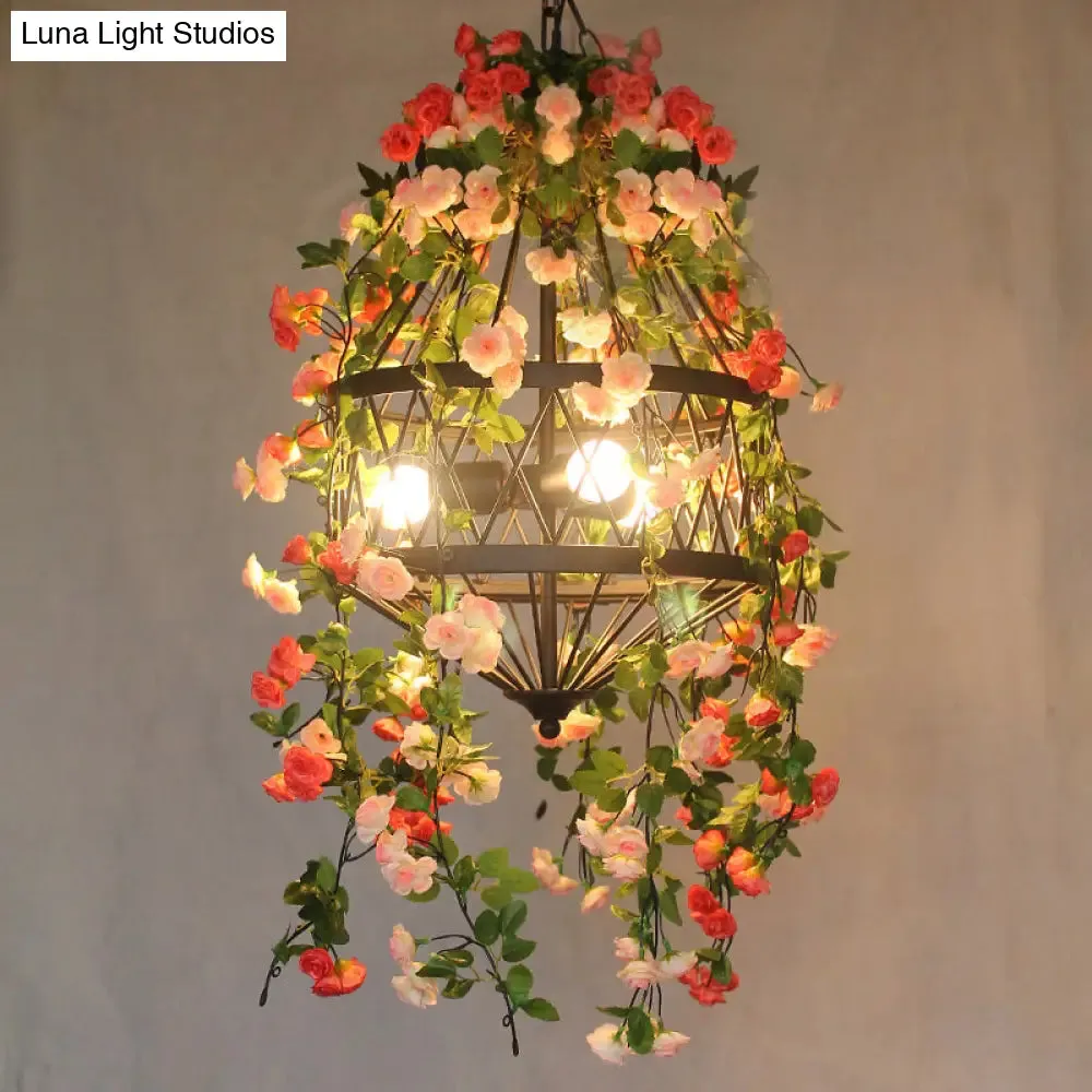 Black Iron Hanging Chandelier with Trellis Cage Design - 3/4 Lights Ideal for Restaurant, Farm, or Flower-Themed Décor