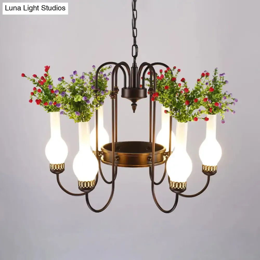 Black Loft Vase Chandelier with Opal Glass Pendants, 6-Light Fixture, and Artificial Plant