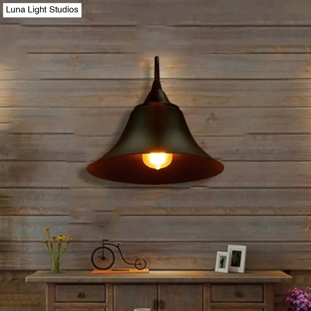 Black Metal Sconce Light: Cone Shade Wall Fixture for Bedroom, Industrial Style with Single Bulb