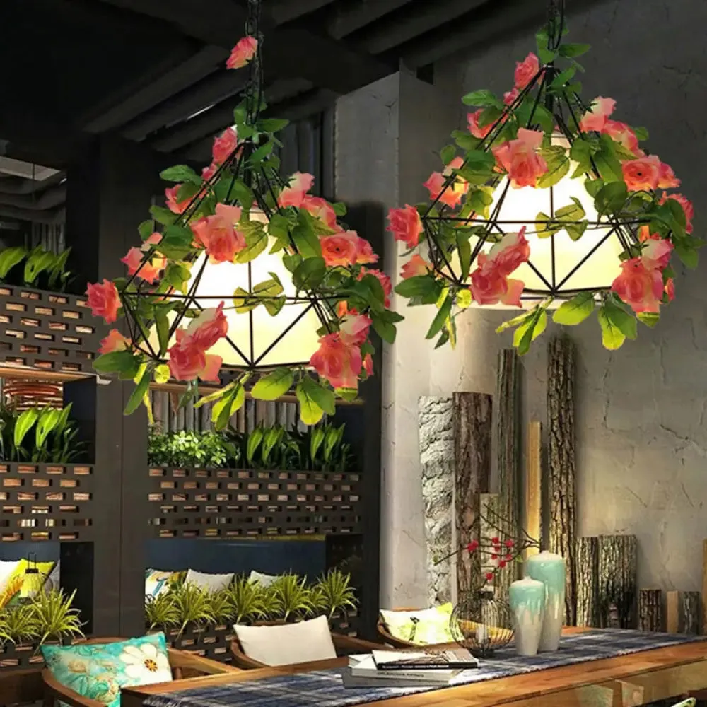 Blossoming Farmhouse LED Chandelier in Black/Pink/Green for Dining Room Lighting