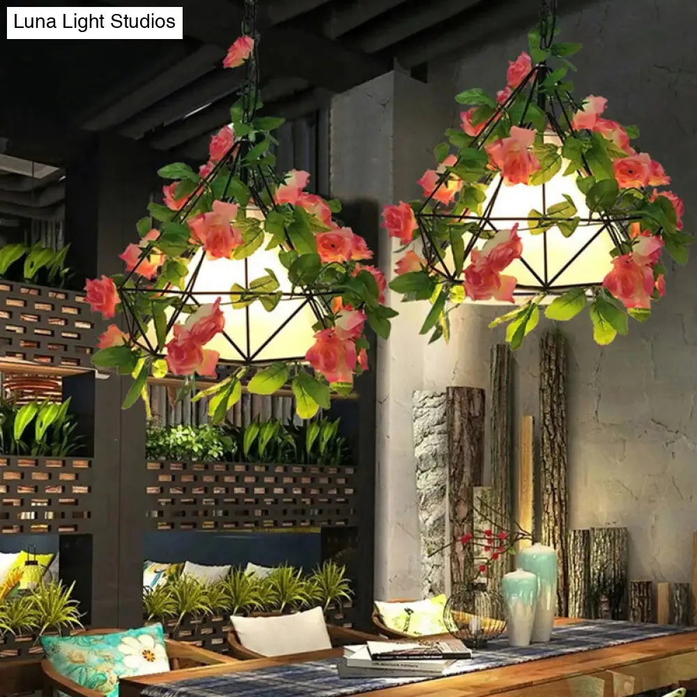 Blossoming Farmhouse LED Chandelier in Black/Pink/Green for Dining Room Lighting