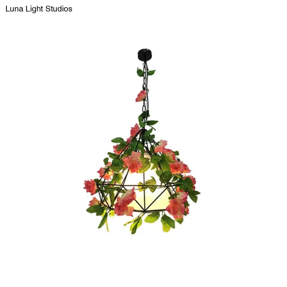 Blossoming Farmhouse LED Chandelier in Black/Pink/Green for Dining Room Lighting