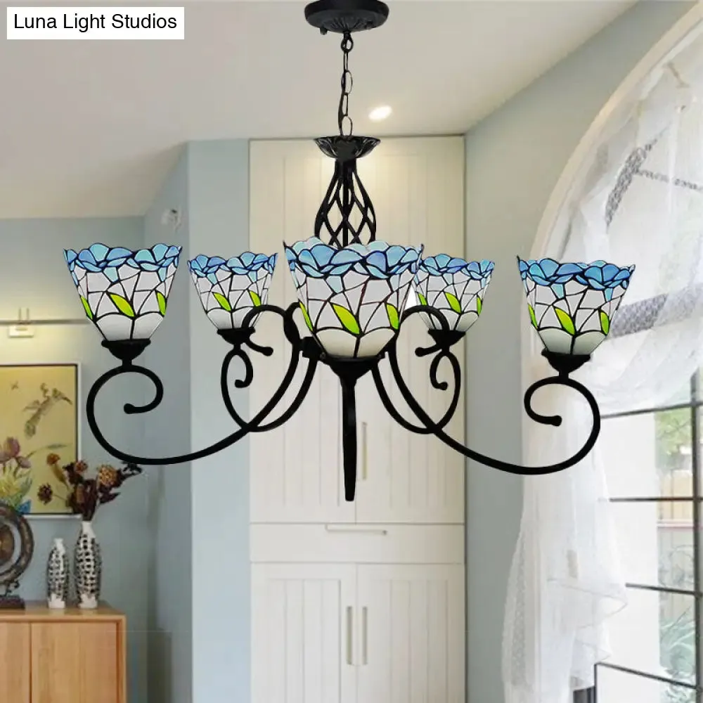 Blue Stained Glass Chandelier with 5 Floral Tiffany-Style Pendants - Perfect for Living Room Ceilings