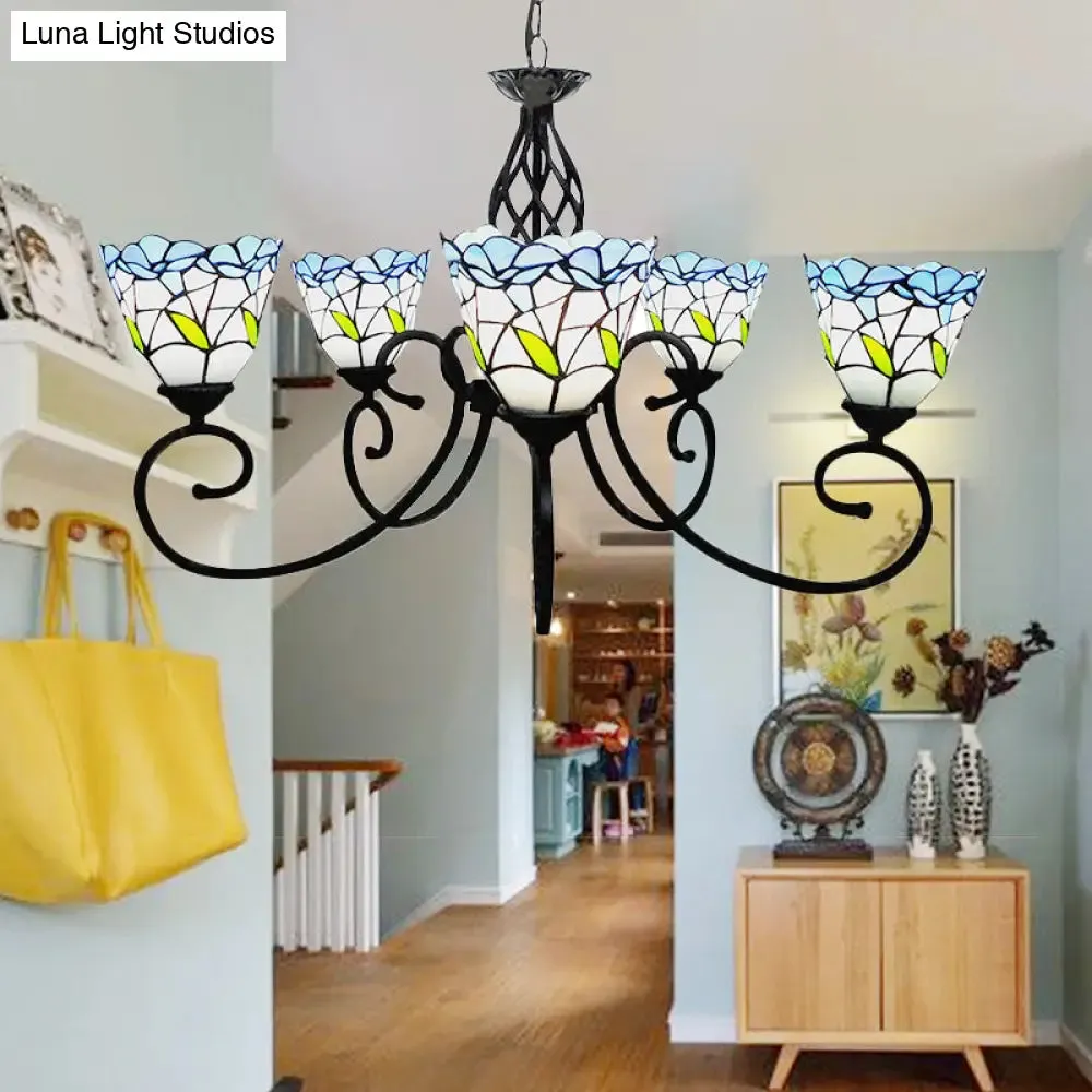 Blue Stained Glass Chandelier with 5 Floral Tiffany-Style Pendants - Perfect for Living Room Ceilings