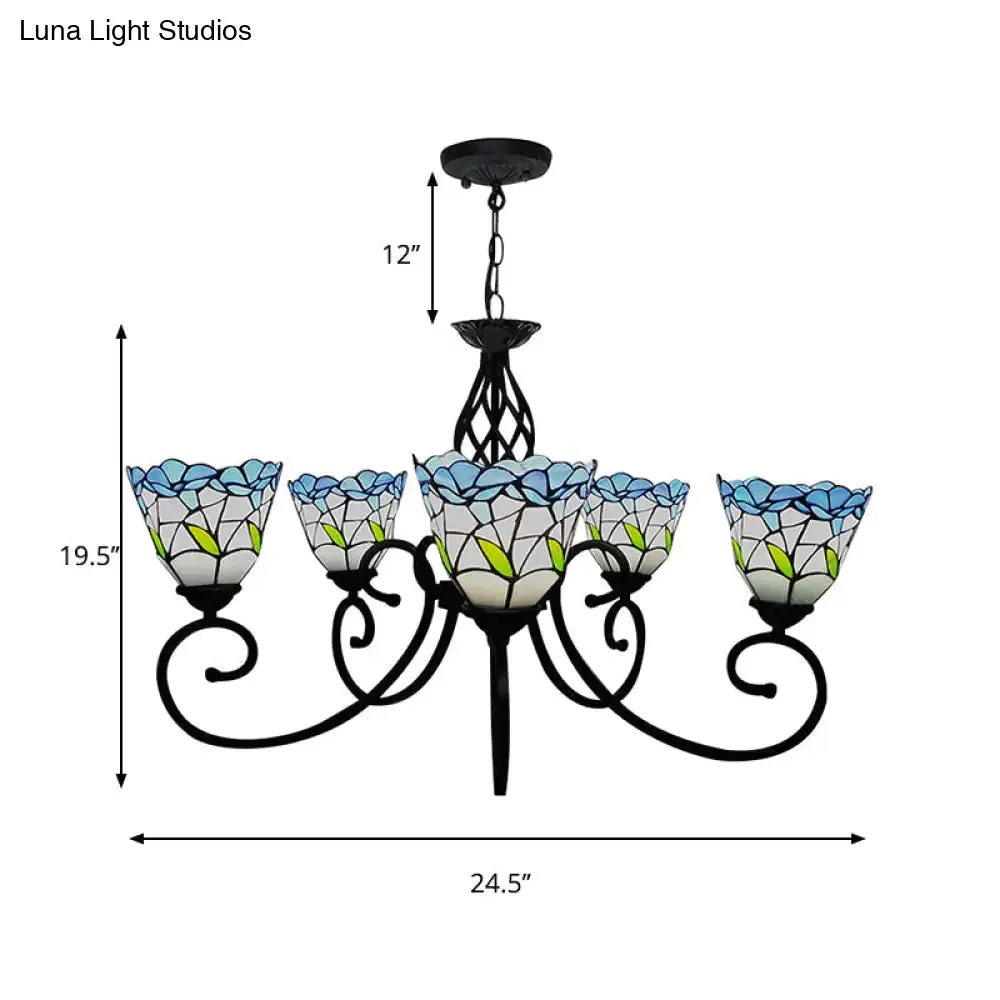 Blue Stained Glass Chandelier with 5 Floral Tiffany-Style Pendants - Perfect for Living Room Ceilings