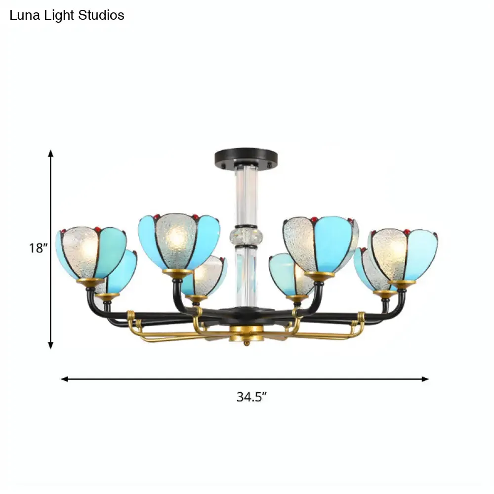 Blue Stained Glass Floral Chandelier - Traditional Pendant Lighting for Living Room - 6/8 Lights