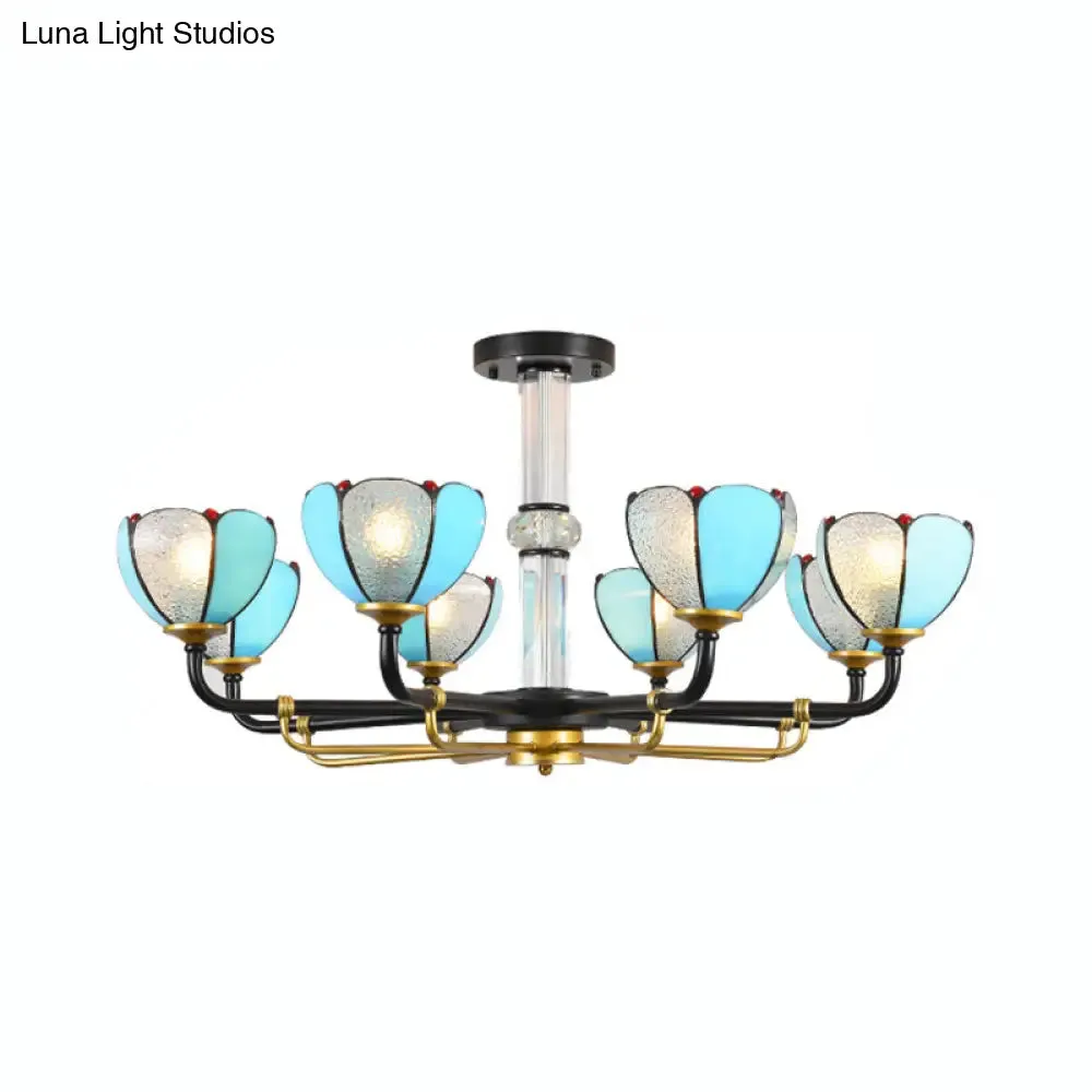 Blue Stained Glass Floral Chandelier - Traditional Pendant Lighting for Living Room - 6/8 Lights