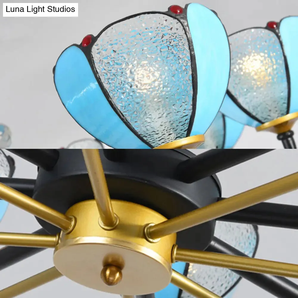 Blue Stained Glass Floral Chandelier - Traditional Pendant Lighting for Living Room - 6/8 Lights