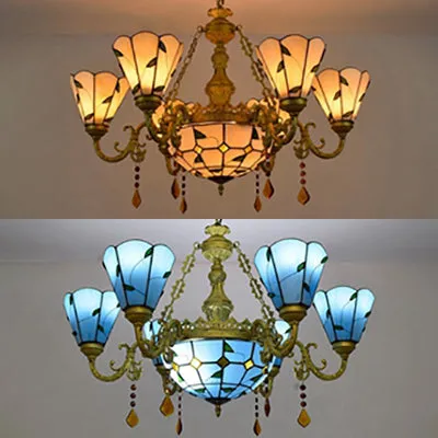 Blue/Beige Stained Glass Crystal Chandelier with Rustic Leaf Pattern and 8 Lights