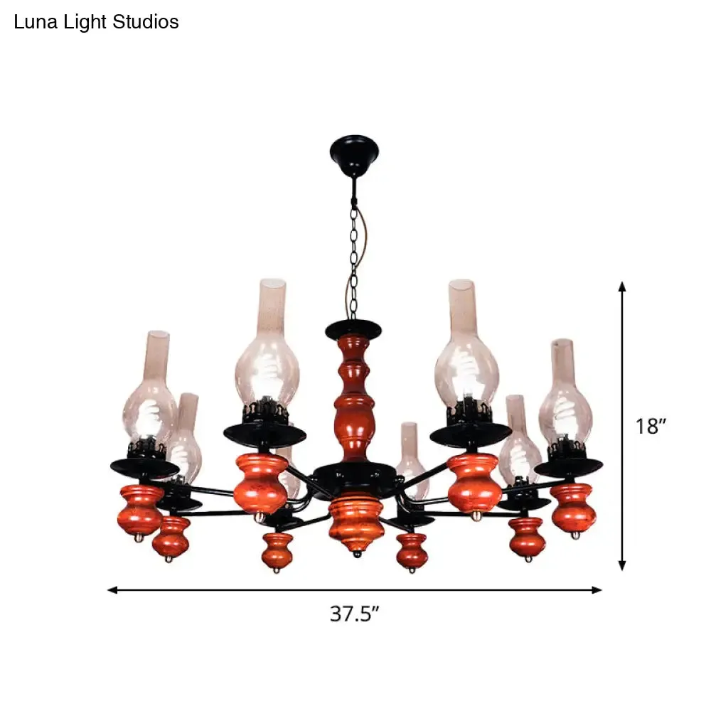 Coastal Clear Glass Pendant Chandelier with 8 Heads and Red Brown Wood Base - Vase Dining Room Hanging Lamp Kit