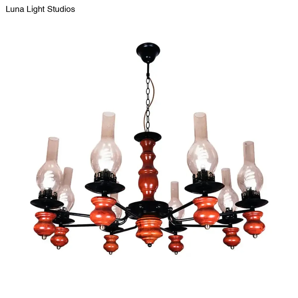 Coastal Clear Glass Pendant Chandelier with 8 Heads and Red Brown Wood Base - Vase Dining Room Hanging Lamp Kit