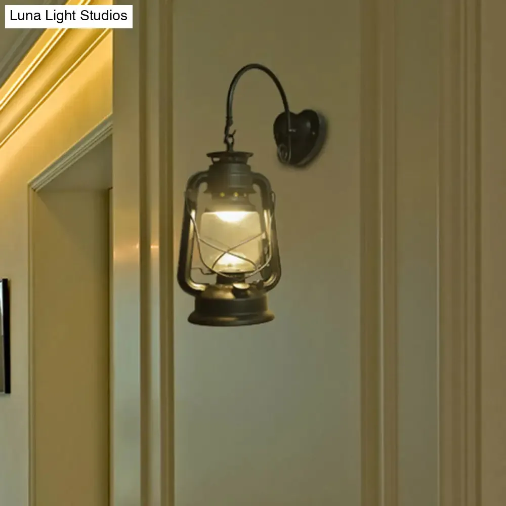 Coastal Lantern Wall Sconce: 1-Bulb Clear Glass Light in Black/Bronze/Copper for Corridor