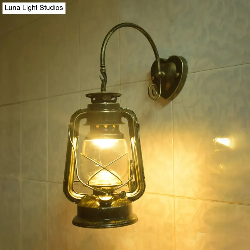 Coastal Lantern Wall Sconce: 1-Bulb Clear Glass Light in Black/Bronze/Copper for Corridor