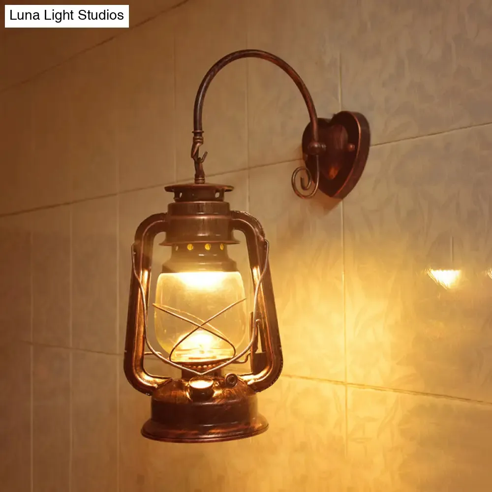 Coastal Lantern Wall Sconce: 1-Bulb Clear Glass Light in Black/Bronze/Copper for Corridor