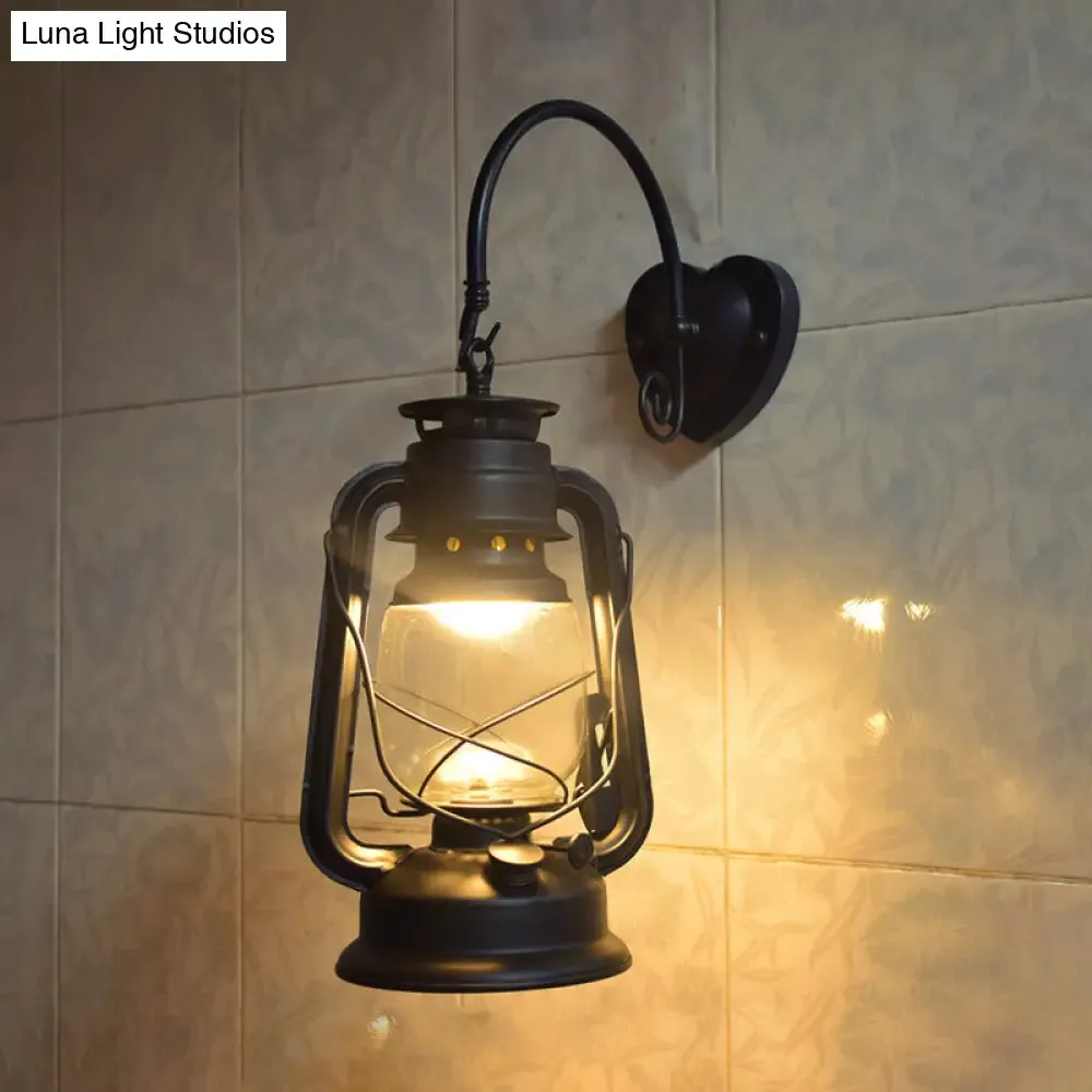 Coastal Lantern Wall Sconce: 1-Bulb Clear Glass Light in Black/Bronze/Copper for Corridor