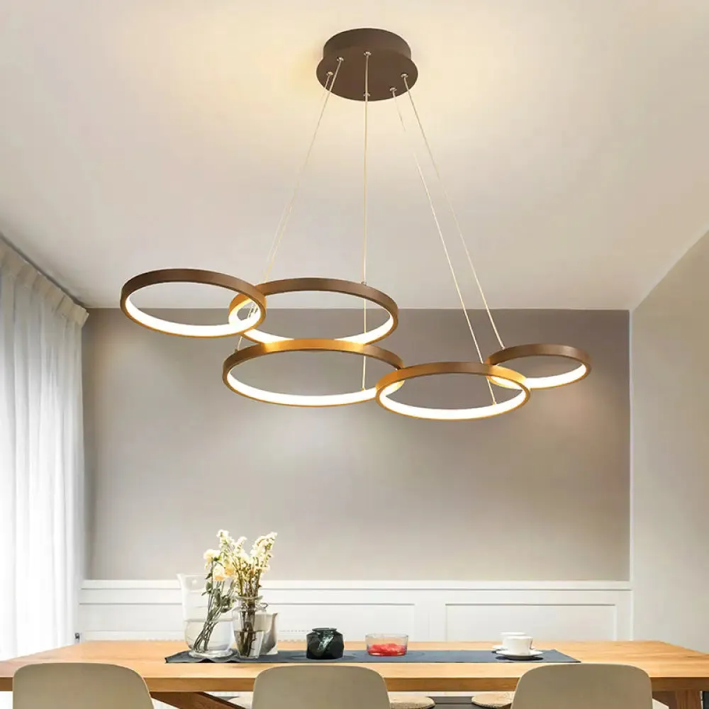 Contemporary LED Pendant Chandelier – 3/4/5-Tiered Halo Ring Design – Brown Finish – Acrylic Shade