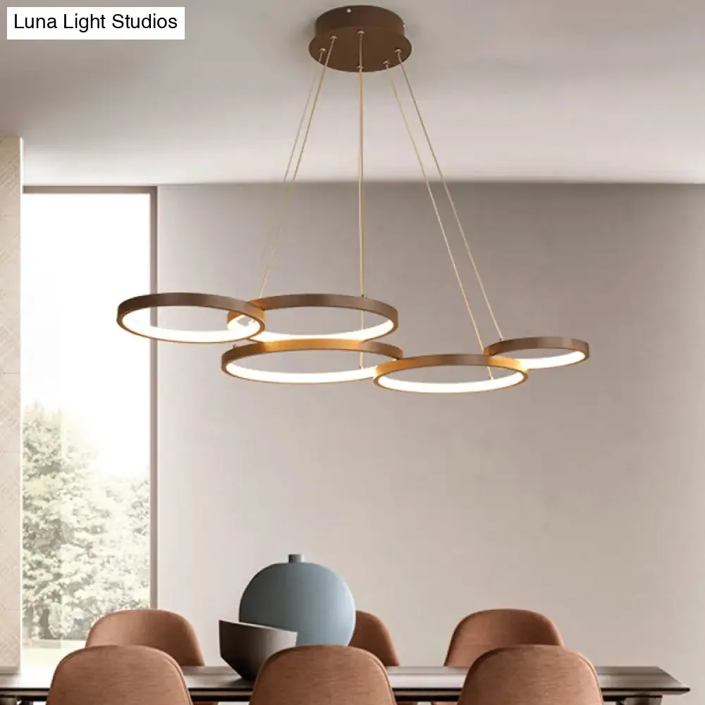 Contemporary LED Pendant Chandelier – 3/4/5-Tiered Halo Ring Design – Brown Finish – Acrylic Shade