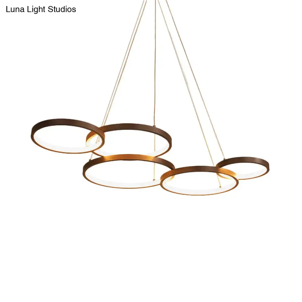 Contemporary LED Pendant Chandelier – 3/4/5-Tiered Halo Ring Design – Brown Finish – Acrylic Shade