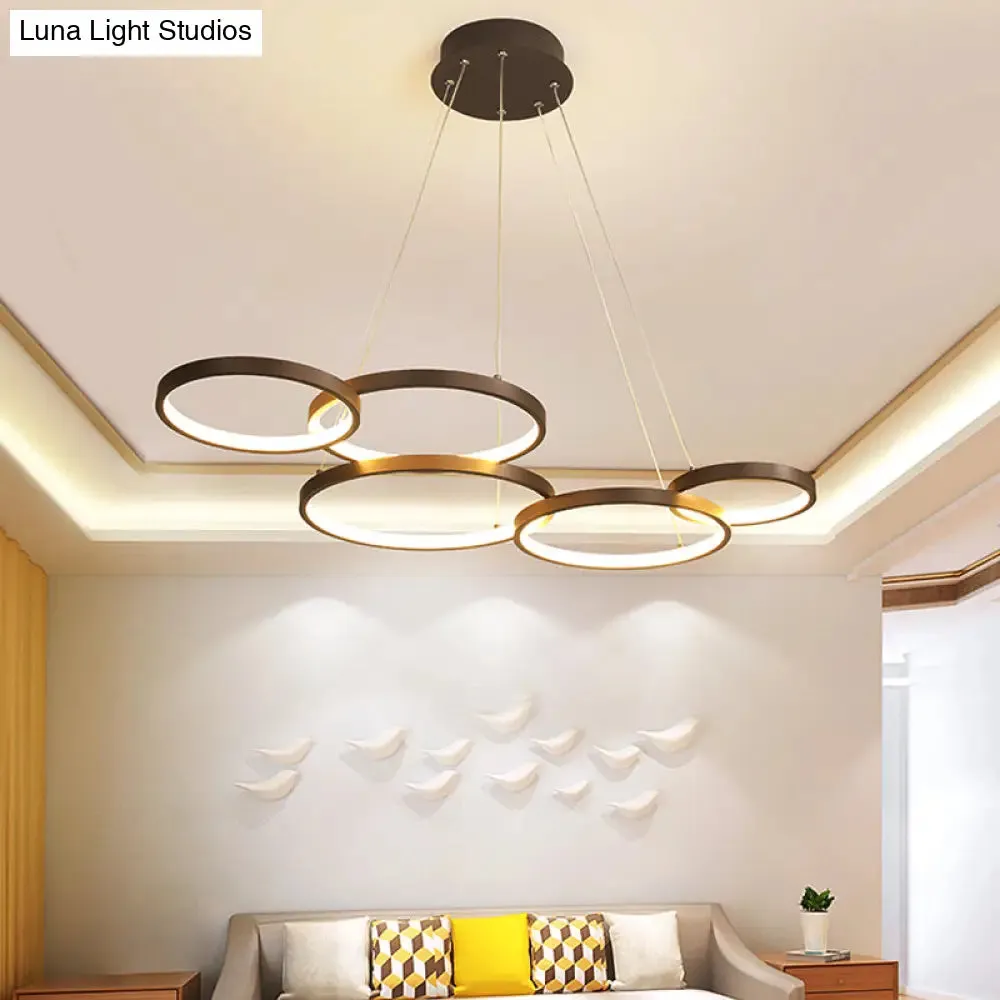 Contemporary LED Pendant Chandelier – 3/4/5-Tiered Halo Ring Design – Brown Finish – Acrylic Shade