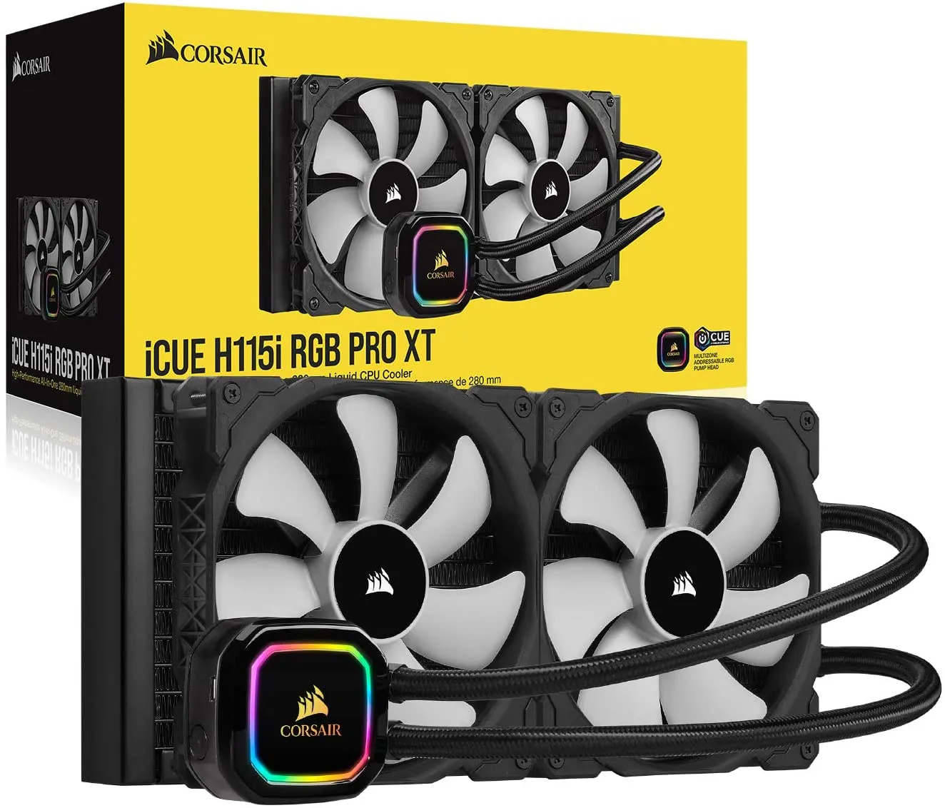 Corsair iCUE H115i PRO XT RGB Liquid CPU Cooler (280mm Radiator, Two 140mm Corsair ML Series PWM Fans, 400 to 2,000 RPM, Advanced RGB Lighting) Black