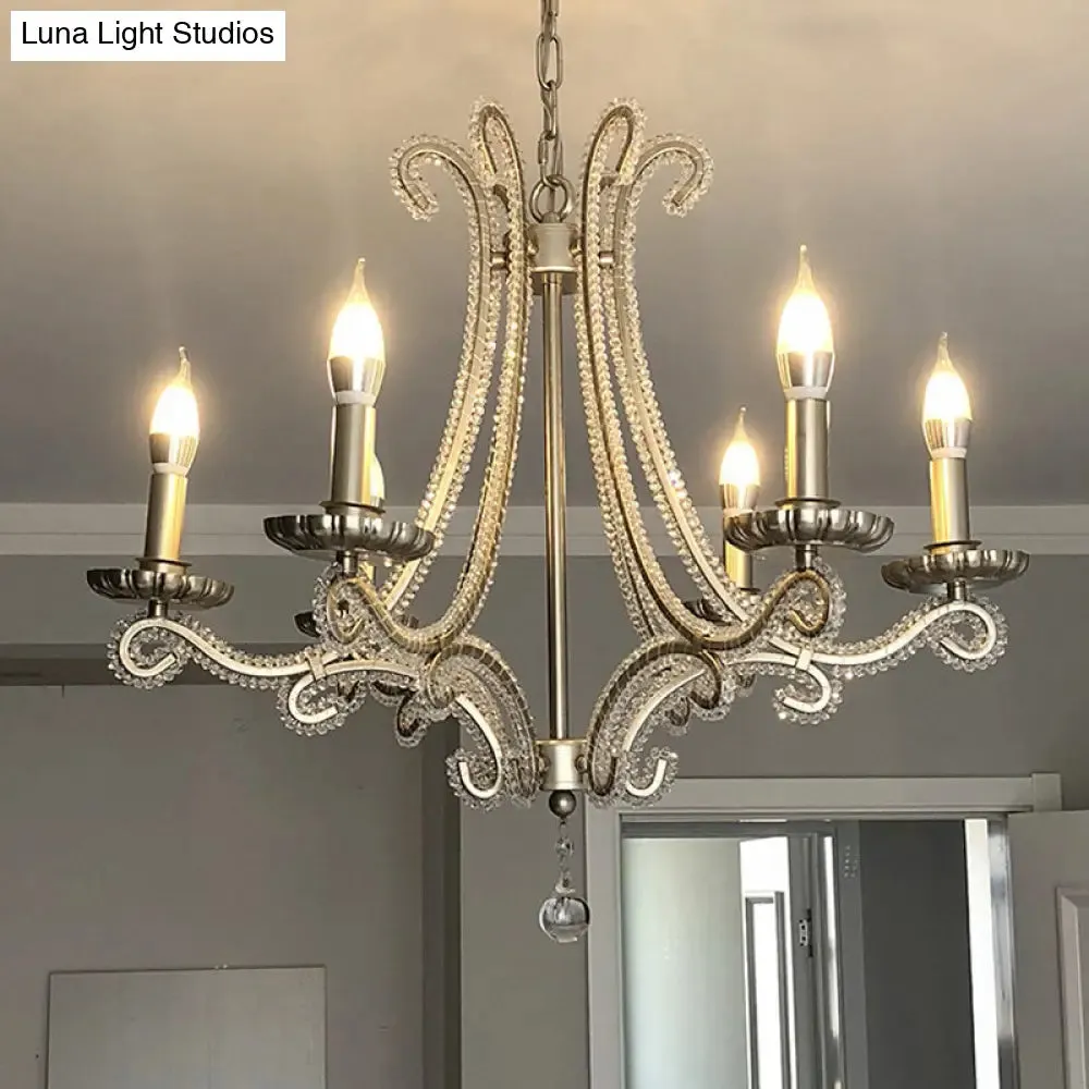 Crystal Bead Coated Chandelier - 6 Lights - Countryside Silver Candle Style - Ideal for Living Room - Ceiling Light Fixture