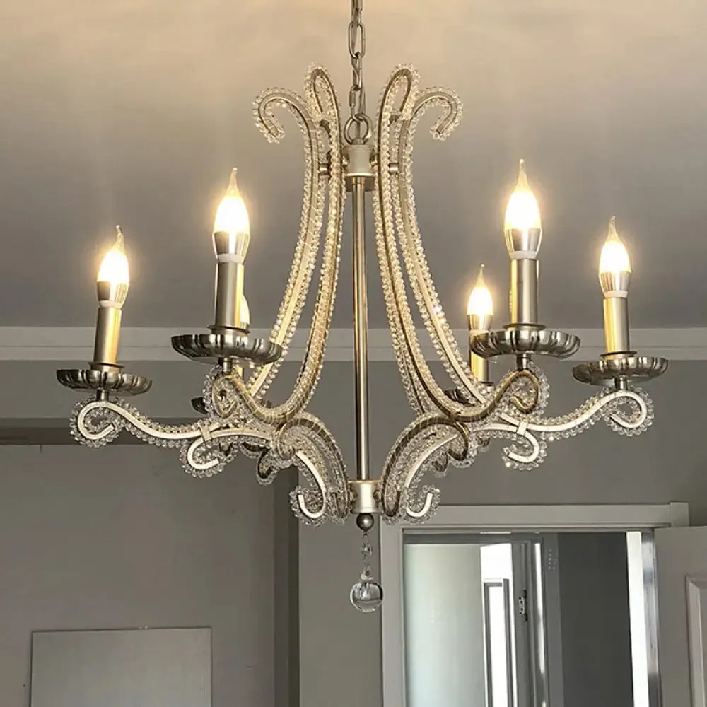 Crystal Bead Coated Chandelier - 6 Lights - Countryside Silver Candle Style - Ideal for Living Room - Ceiling Light Fixture