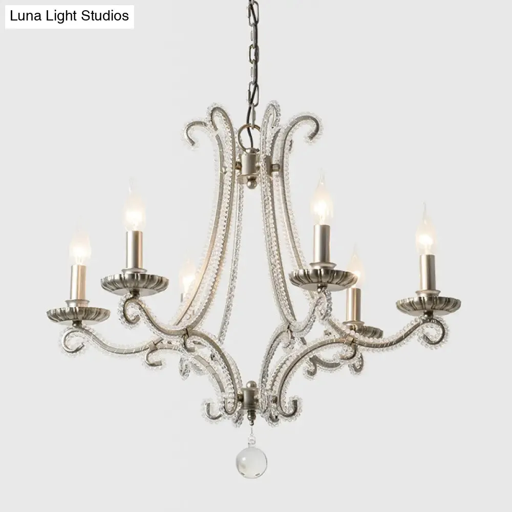 Crystal Bead Coated Chandelier - 6 Lights - Countryside Silver Candle Style - Ideal for Living Room - Ceiling Light Fixture