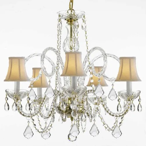 Crystal Chandelier Lighting With White Shades H 25" W 24" - Cjd-G46-Gold/Whiteshades/385/5