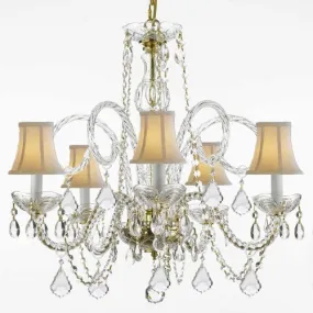 Crystal Chandelier Lighting With White Shades H 25" W 24" - Cjd-G46-Gold/Whiteshades/385/5